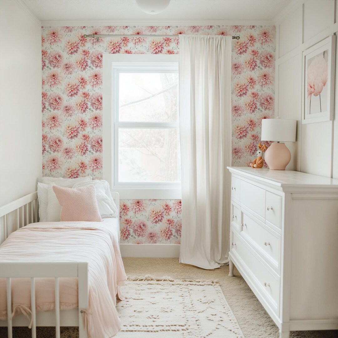 Pink Dahlia Floral Wallpaper, Flowers & Eucalyptus, Peel and Stick ...