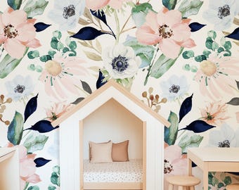Pink Navy Green Floral Wallpaper, Coastal Floral Peel and Stick Removable, Large Print Wall Art Mural, Girly Flowers