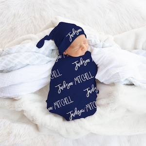 TWO Fonts Personalized Baby Swaddle Blanket Set, Newborn Beanie Knotted Hat, Baby Shower Gift, Custom Print Name, Hat Headband Tie Knot Gown