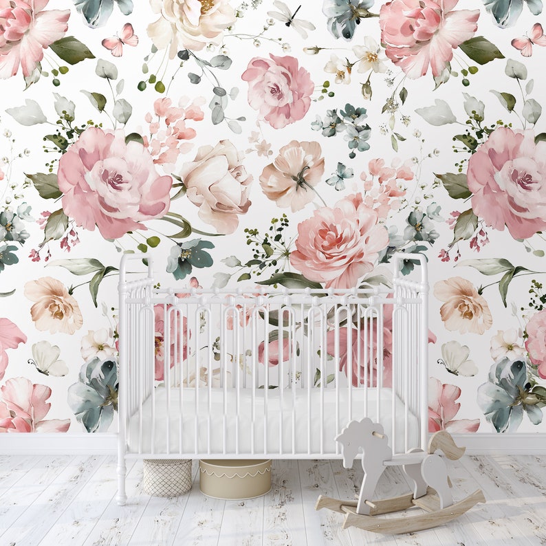 Pink Garden Floral Butterfly Wallpaper, Peel Stick Removable, Prepasted ...