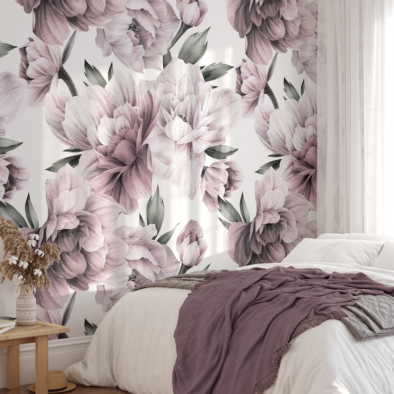Dusty Purple Peonies Floral Wallpaper, Large Scale Peel and Stick ...