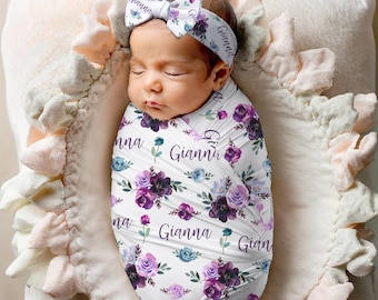 Purple Rose Swaddle Blanket Headband Hat Set, Personalized Floral Baby Shower Gift Hospital Newborn Photos Prop, Coming Home Present New Mom