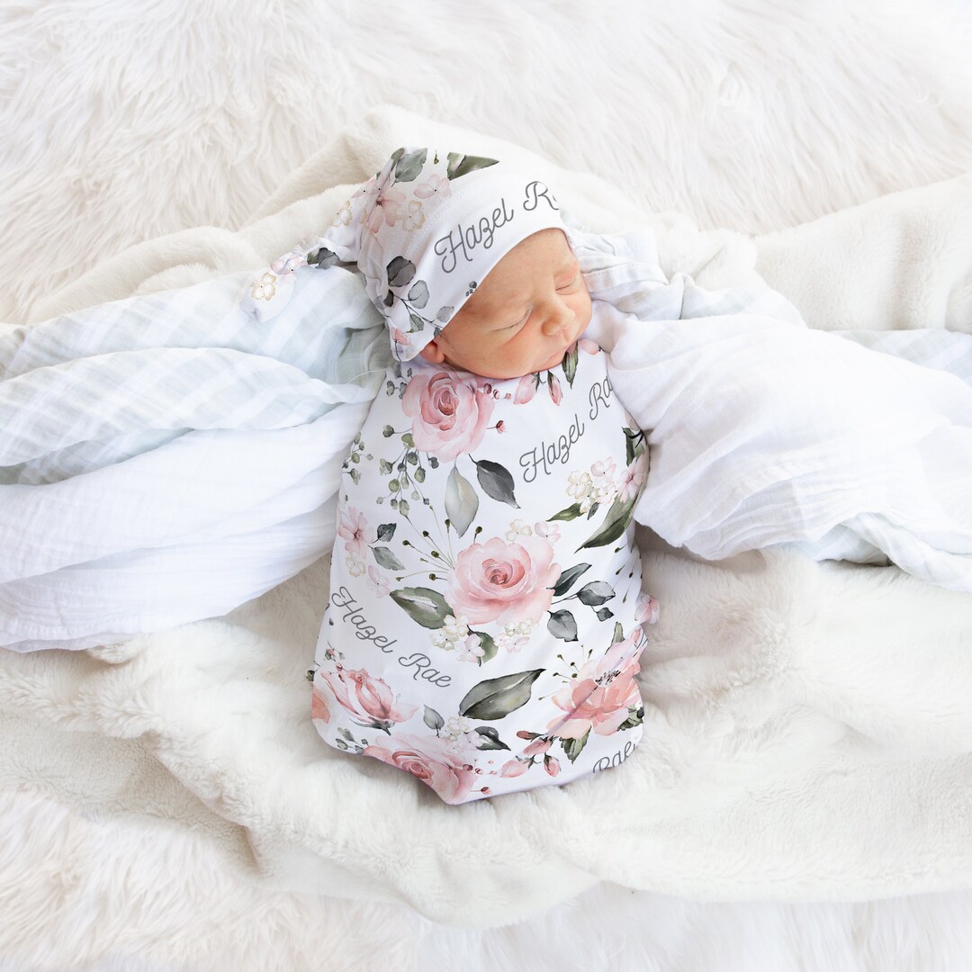 Floral personalizado swaddle manta diadema sombrero conjunto, niña que