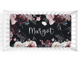 Black Pink Peony Crib Sheet / Boho Floral Nursery / Changing Pad Cover / Mini Crib Sheet Option / Boho Floral / Margot Collection