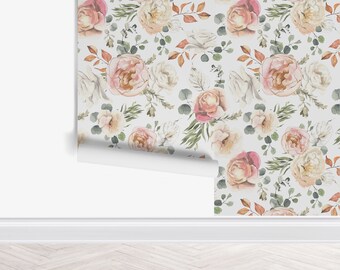 Dainty Vintage Rose Wallpaper / Muted Fall Spring Floral Accent Wall / Peel and Stick Nursery Decor Bedroom Hallway / Fall Earth Garden