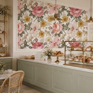 Vintage Floral Wallpaper, Retro Roses Hibiscus, Boho Style, Peel and Stick