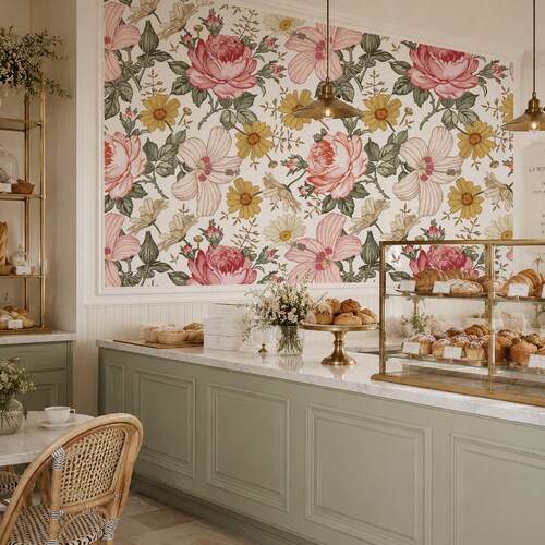 Vintage Floral Wallpaper, Retro Roses Hibiscus, Boho Style, Peel and Stick