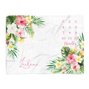 Baby Girl Hawaiian Hibiscus Milestone Blanket / Personalized Baby Shower Gift / Hospital Newborn Photos Prop / Tropical Luau Pink
