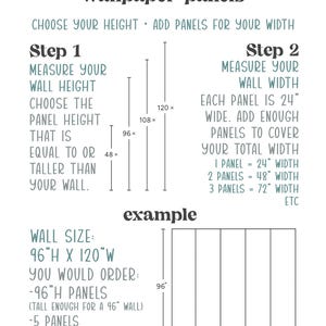 May include: Diagram showing how to order wallpaper panels. Instructions include measuring wall height and width, with examples showing panel sizes and calculations. Measurements are in inches, with a 24-inch panel width.