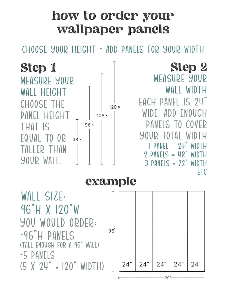 May include: Diagram showing how to order wallpaper panels. Instructions include measuring wall height and width, with examples showing panel sizes and calculations. Measurements are in inches, with a 24-inch panel width.