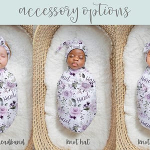 Dusty Purple Rose Baby Gift Set, New Baby Lilac Lavender Nursery Set, Headband Hat Crib Sheet Minky Blanket, Baby Girl Personalized Swaddle image 4