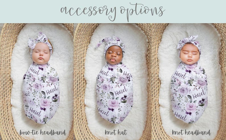 Dusty Purple Rose Baby Gift Set, New Baby Lilac Lavender Nursery Set, Headband Hat Crib Sheet Minky Blanket, Baby Girl Personalized Swaddle image 4