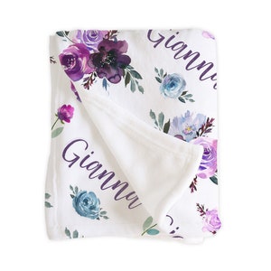 Purple Lavender Floral Rose Name Blanket / Personalized Baby Shower Gift / Hospital Newborn Photos Prop / Gianna Collection