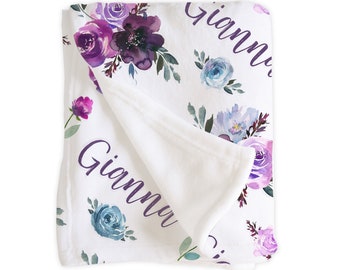 Purple Lavender Floral Rose Name Blanket / Personalized Baby Shower Gift / Hospital Newborn Photos Prop / Gianna Collection