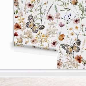 Garden Botanical Butterfly Wallpaper, Peel and Stick Removable, Gold Retro Boho Peace Vibes, Moth Pressed Flowers, Vintage Girl Playroom image 5