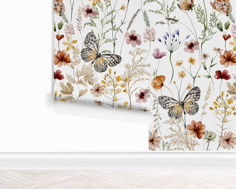 Garden Botanical Butterfly Wallpaper, Peel and Stick Removable, Gold Retro Boho Peace Vibes, Moth Pressed Flowers, Vintage Girl Playroom image 5