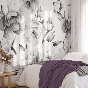 Black and White Peony Floral Wallpaper, Large Scale Peel and Stick Removable Mural, Unpasted Pre-pasted or Traditional, Peonies Wall Art