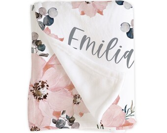 Pink Floral Eucalyptus Blanket / Personalized Baby Shower Gift / Hospital Newborn Photos Prop / Marina Collection