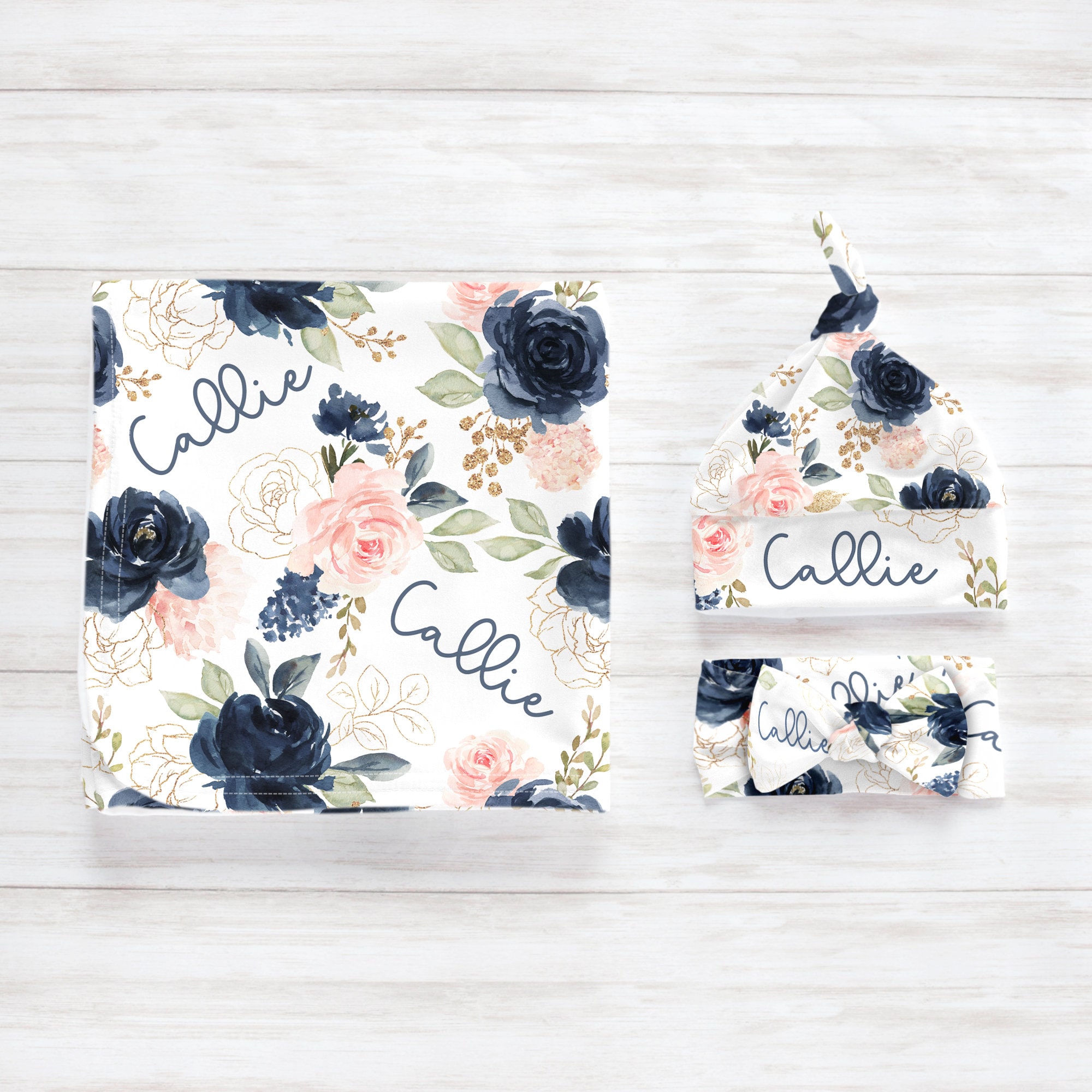 Navy Pink Floral Boho Swaddle Blanket Headband Hat Set / Personalized Baby Shower Gift / Hospital Newborn Photos Prop