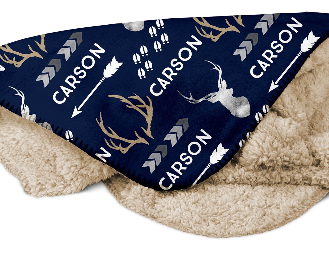Personalized Hunting Blanket With Name, Baby Boy, Navy, Arrow Antler