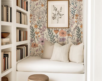 Wildflower Garden Botanical Floral Wallpaper, Peel and Stick Removable or Traditional, Retro Boho Bedroom Cottagecore Decor, Girl Toddler