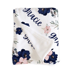 Navy Pink Floral Eucalyptus Blanket / Personalized Baby Shower Gift / Hospital Newborn Photos Prop / Marina Collection