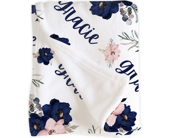 Navy Pink Floral Eucalyptus Blanket / Personalized Baby Shower Gift / Hospital Newborn Photos Prop / Marina Collection