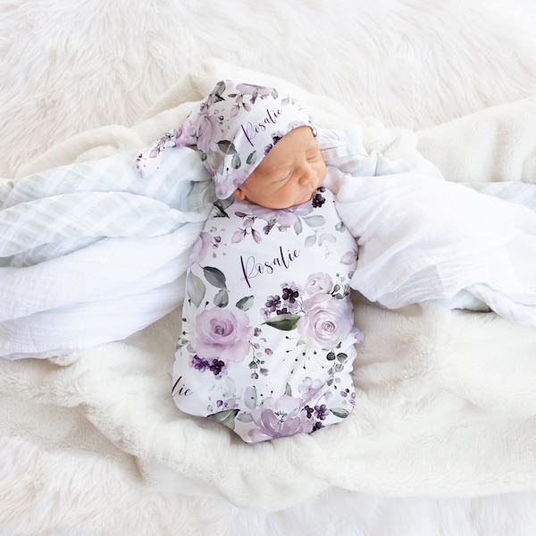 Baby Girl Swaddle Blanket, Headband, Knot Hat, Purple Floral Rose Personalized Name, Shower Gift, Hospital Newborn Photos, Rosie Collection