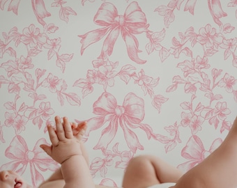Bow Chinoiserie Wallpaper, Peel and Stick Removable, Baby Pink Coquette Grandmillennial Chic, Flower Baroque Vines, Elegant Pink Toile