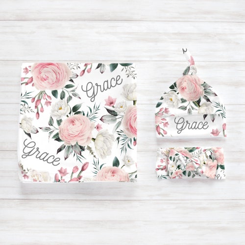 Newborn Swaddle Set With Headband & Hat - Spring Flowers Print Baby Blanket & Outfit For 0-3 Months