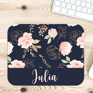 Personalized Pink Rose on Navy Desk Accessories, Mouse Pad, Desk Mat, Wrist Rest, Phone Stand, Coasters, Floral Name Christmas Birthday Gift