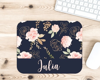 Personalized Pink Rose on Navy Desk Accessories, Mouse Pad, Desk Mat, Wrist Rest, Phone Stand, Coasters, Floral Name Christmas Birthday Gift
