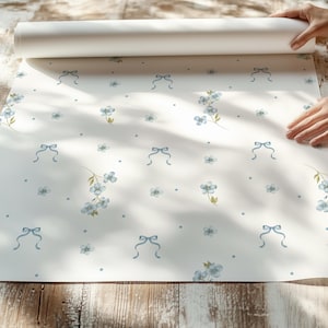 Ditsy Blue Floral Bows Wallpaper, Peel Stick Removable Bedroom Nursery, Little Girls Playroom Dainty Granny Chic, Grandmillennial Coquette