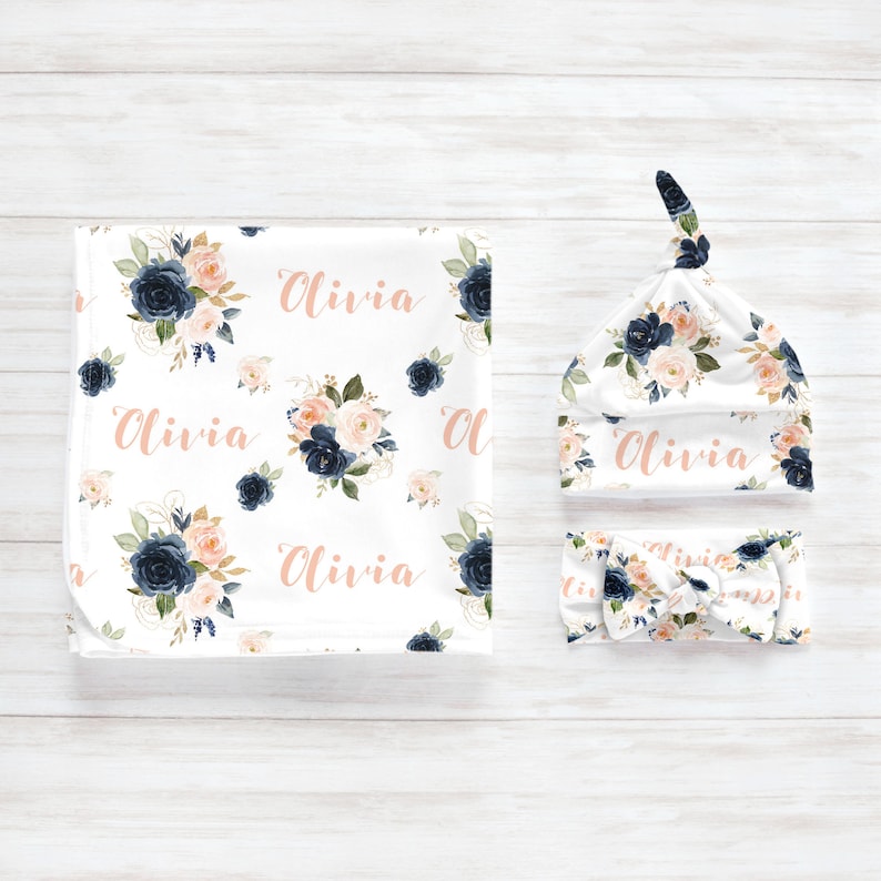 Navy Personalized Name Blanket / Swaddle Set / Going Home Etsy