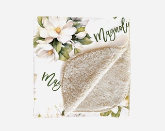 Personalized White Magnolia Blanket, Pretty Floral, Minky, Sherpa, Custom Name, Gift for Her