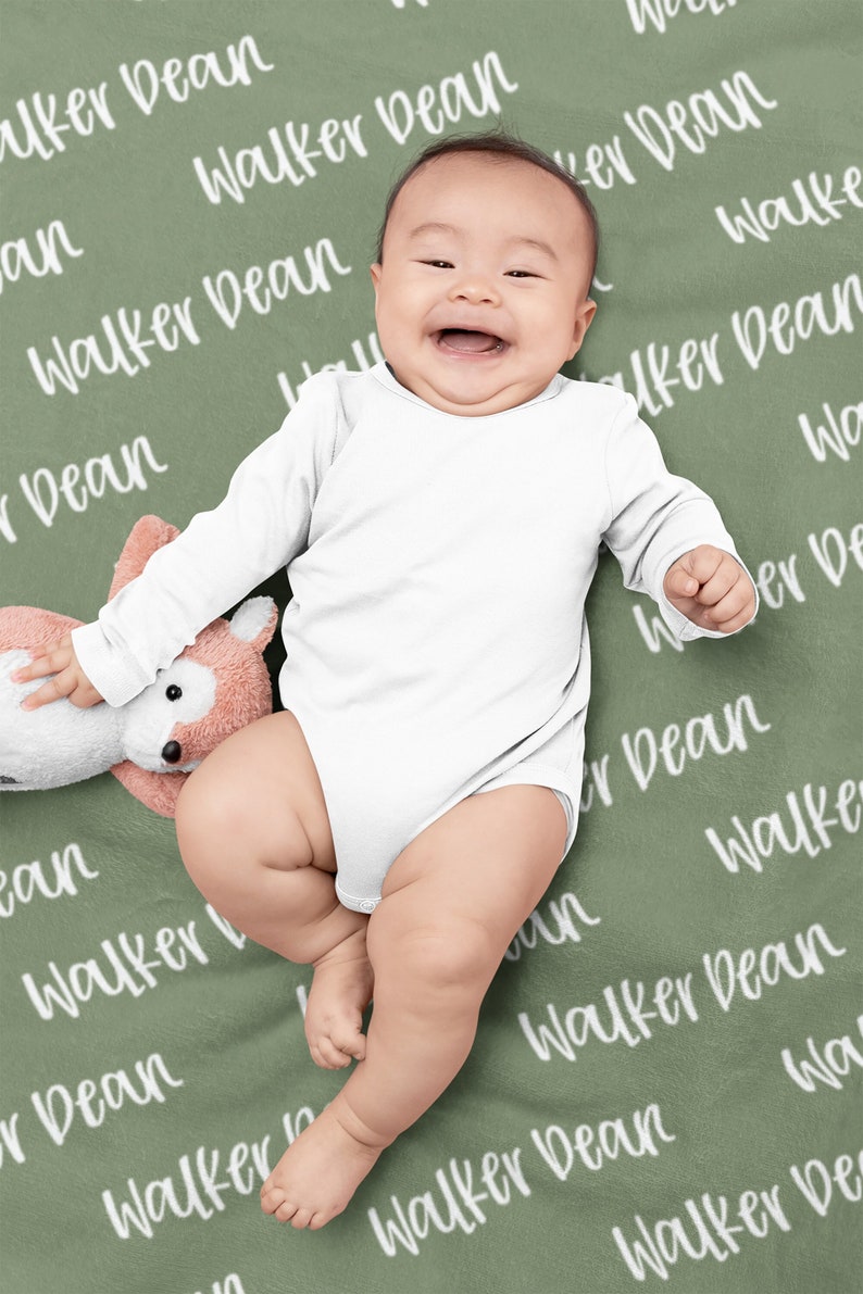 Baby Name Blanket Boy, Sage Green Blanket with Name, Personalized Baby Boy Blanket, New Baby Gift, Sibling Blankets image 1