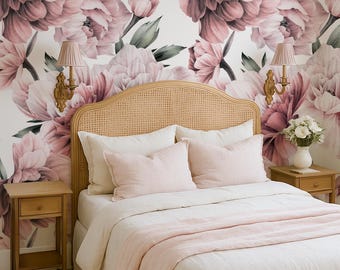 Pink Mauve Burgundy Peonies Floral Wallpaper, Large Scale Peel and Stick Removable, Romantic Vintage Wall Mural for Bedroom or Nursery