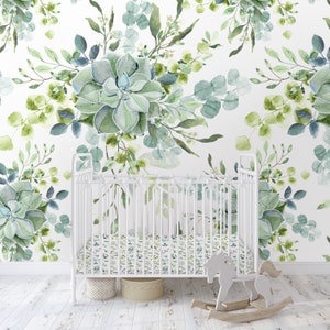 Succulent Greenery Wallpaper / Peel and Stick Removable / Baby Nursery Decor / Blue Green Colors Boho  / Living Entry Way Dining Bedroom