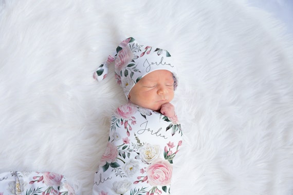Hospital Newborn Photos Personalized Baby Shower Gift Personalized Baby Girl Blanket Swaddle Blanket Headband Hat Set Floral Swaddle set