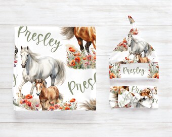 Personalized Horse Baby Girl Swaddle Blanket, Wildflowers and Poppies, Custom Nursery, New Expecting Mom Shower Gift, Farm Collection