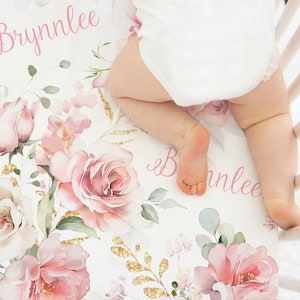 Personalized Crib Sheet, Pink Rose and Gold Baby Girl Floral Nursery, Changing Pad Cover, Mini Crib Sheet, Minky or Sherpa Blanket, Brynnlee