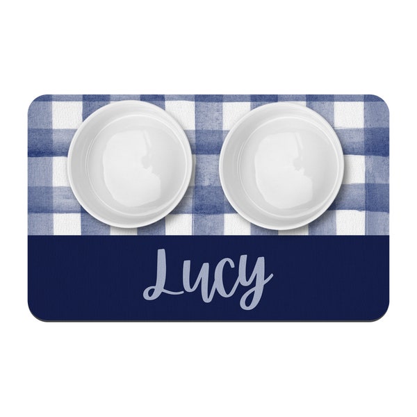 Navy Blue Watercolor Gingham Pet Food Mat / Personalized Pet placemat / Pet Supplies / Food and Water Bowl Mat / Navy Blue and White