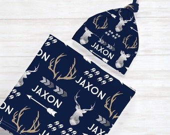 Deer Antler Swaddle Set, Country Hunting Personalized Baby Blanket Hat Newborn Gift, Navy Grey Knotted Beanie, New Mom Shower Present Boy