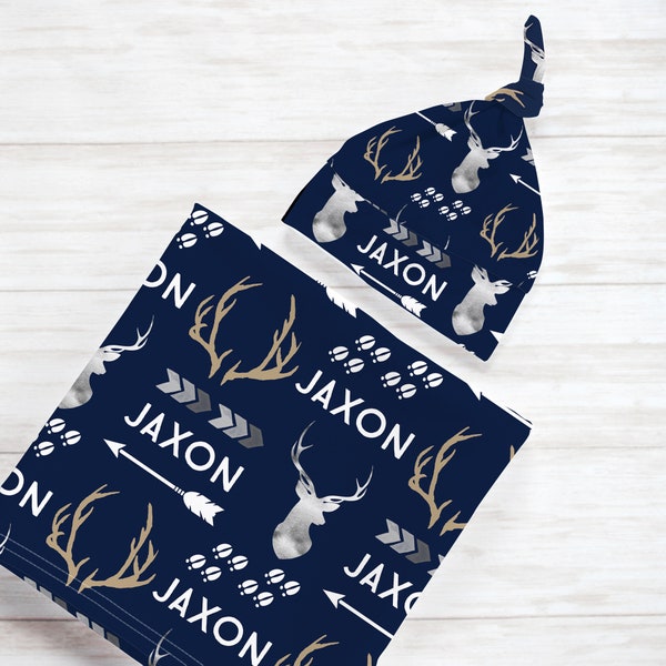 Deer Antler Swaddle Set, Country Hunting Personalized Baby Blanket Hat Newborn Gift, Navy Grey Knotted Beanie, New Mom Shower Present Boy