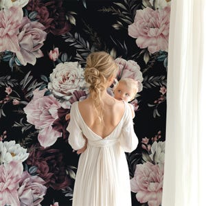 Black Vintage Floral Wallpaper, Peel Stick Removable, Peony Rose Baby Girl Nursery, Large Print Mural Kids Room, Black Flower Mauve