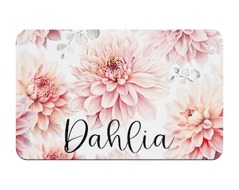 Personalized Pink Dahlia Flower Pet Mat, Girl Dog Cat Food Placemat, Animal Feeding Station, Water Absorbent, Floral