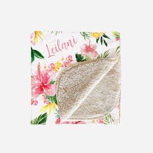 Personalized Girl Blanket, Tropical Pink Hibiscus Flowers, Minky or Sherpa, Birthday Christmas Gift, Toddler, Throw or Twin Size, Leilani