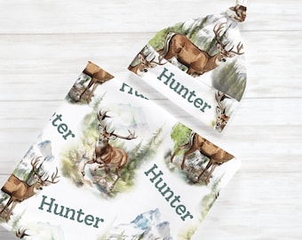 Woodland Deer Swaddle Blanket Set, Personalized Boy Newborn Knot Hat, Baby Shower Gift New Mom, Country Mountains Trees, Hunter