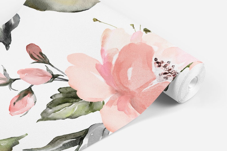 Pink Peach Rose Floral Wallpaper / Peel and Stick Removable / Etsy
