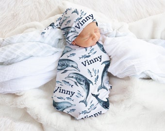 Dolphin Under the Sea Personalized Swaddle Blanket Set / Newborn Beanie Knotted Hat / Baby Shower Gift / Custom Name / Ocean Navy Summer